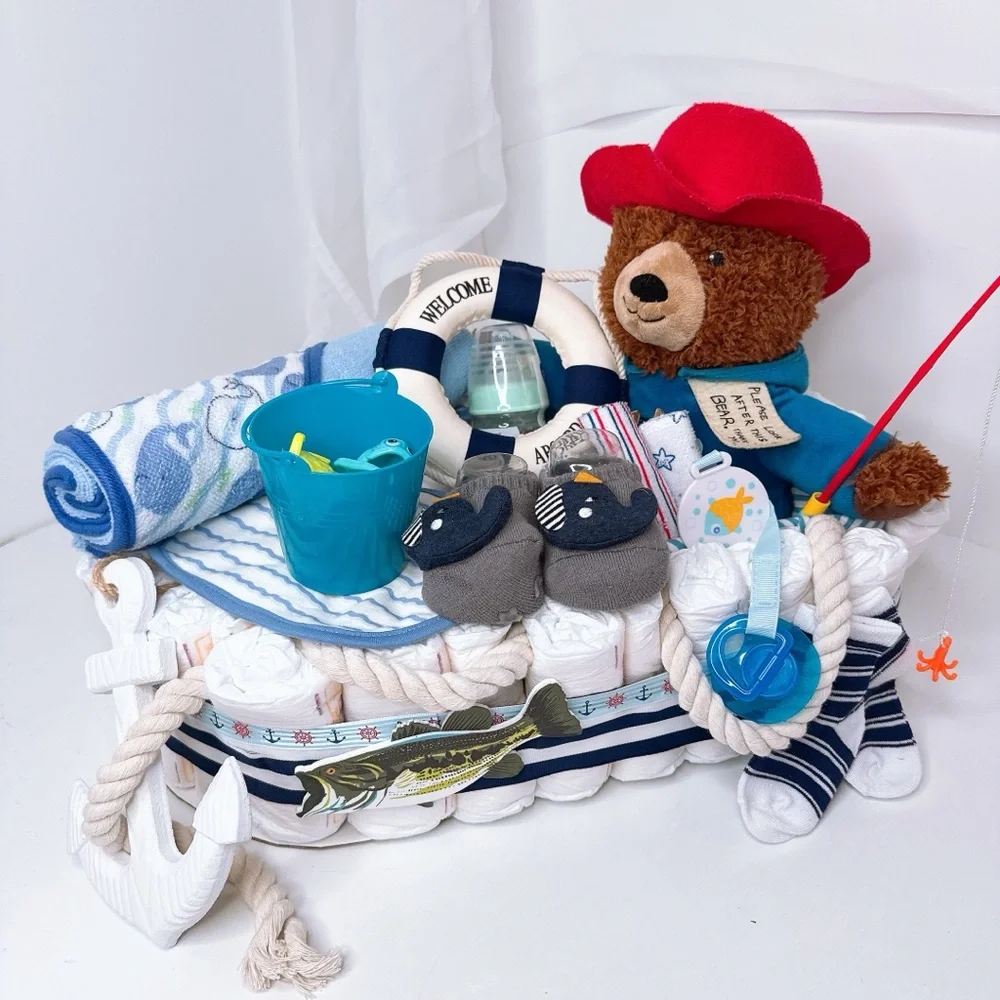 Fisherman Diaper Cake, Boat Diaper cake, Baby Shower Gift